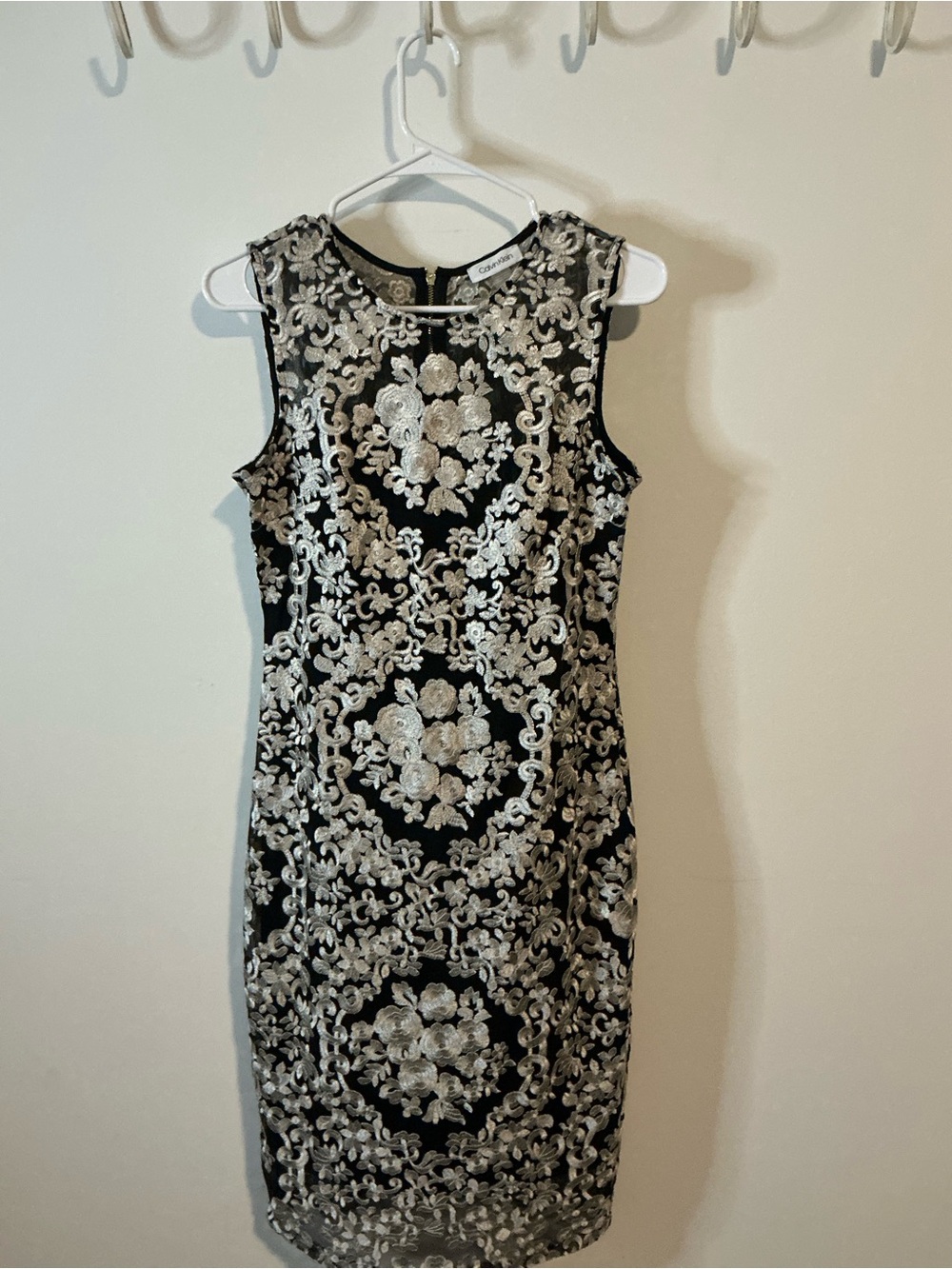 Calvin Klein Black Sheath Dress with Silver Floral Lace